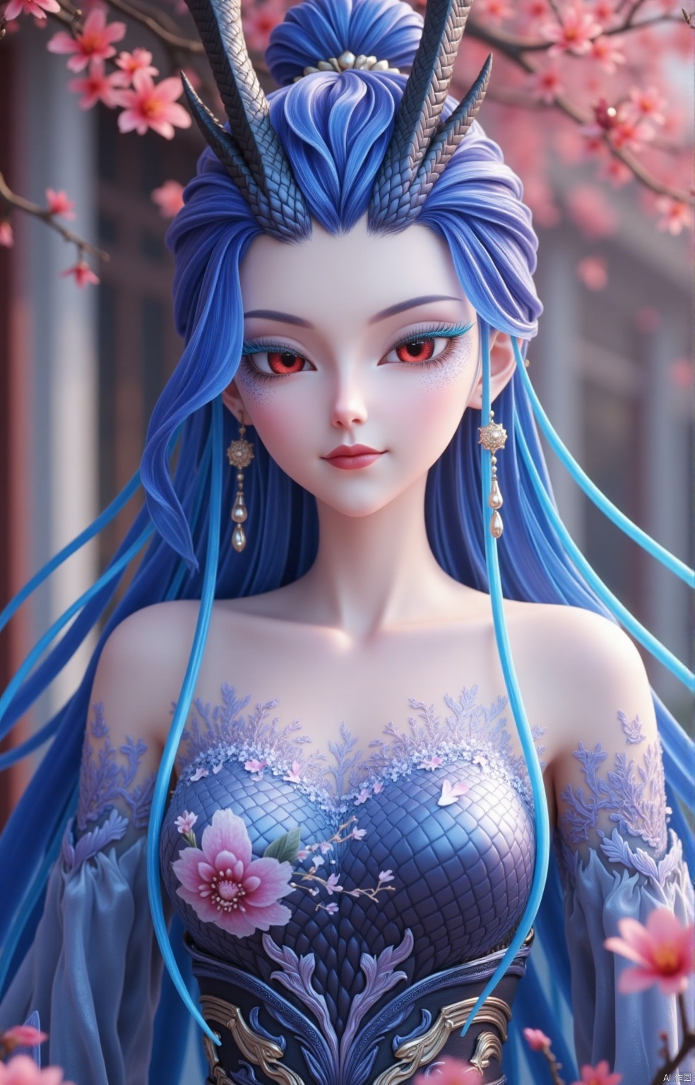 1girl,Long hair,,powder eye shadow,Dragon horn,Black eyes,,Earrings,fish scale,aorun,lvjing,aorun,1girl,solo,long hair,red eyes,horns,dress,blue hair,1girl,solo,jewelry,earrings,blurry,chinese clothes,blurry background,flower,hair ornament,hanfu,long sleeves,floral print,hair bun,outdoors,looking at viewer,single hair bun,wide sleeves,closed mouth,makeup,collarbone,day,standing,red flower,cover,simple background,gradient_background,Close-up details,outstanding style,adding a touch of dimension to your images without compromising details,close-up,