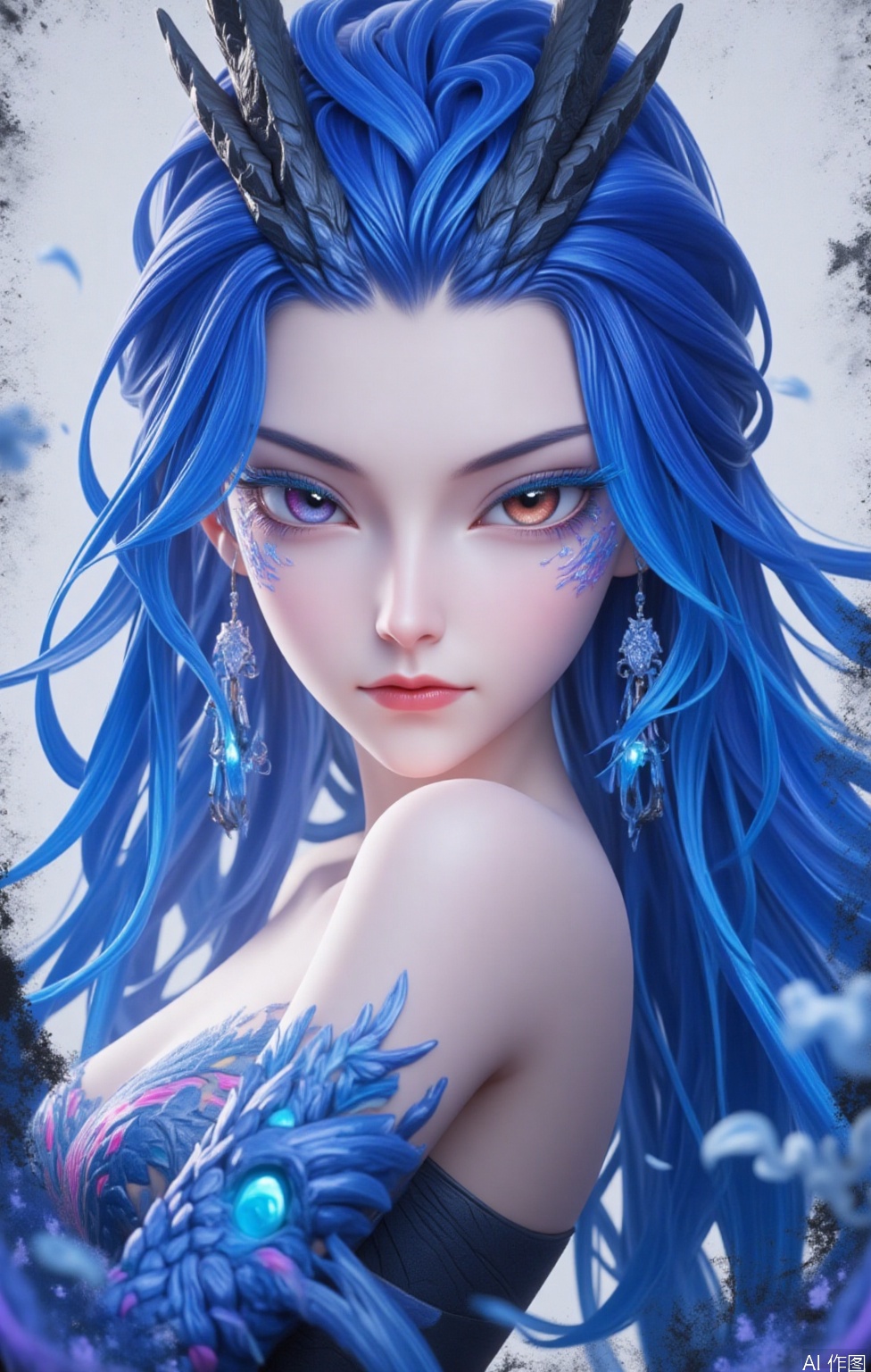 A half - body 3D rendering of a woman. She has blue hair and wears a dragon - themed headband. Her eyes are applied with colored eye drops, adding a bright touch to her face. Her hair cascades over her shoulders, outlining her entire face. Her eyes convey a cold and disdainful look. The background features a splashed - ink effect, adding a sense of depth to the image.