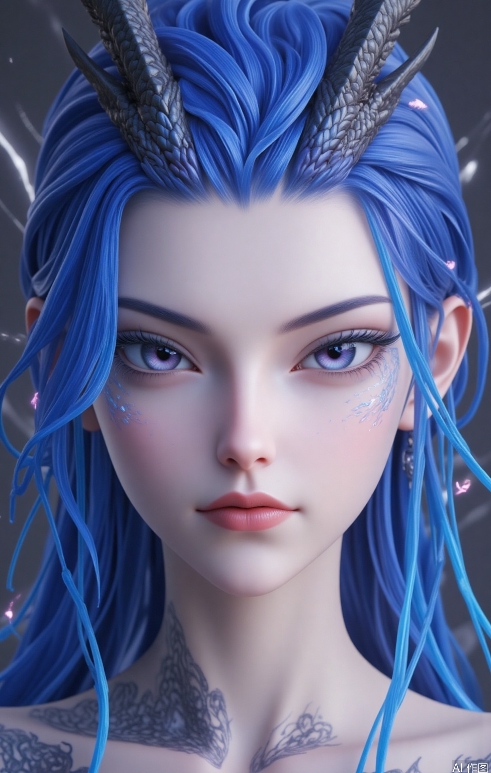A half - body 3D rendering of a woman. She has blue hair and wears a dragon - themed headband. Her eyes are applied with colored eye drops, adding a bright touch to her face. Her hair cascades over her shoulders, outlining her entire face. Her eyes convey a cold and disdainful look. The background features a splashed - ink effect, adding a sense of depth to the image.