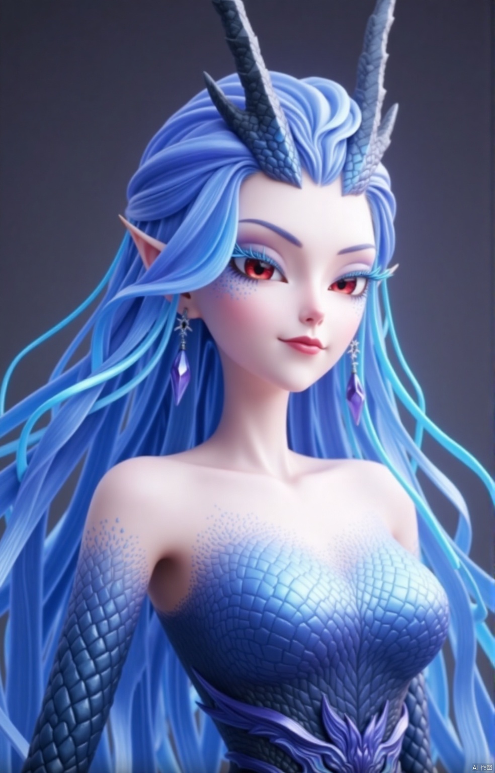 1girl,Long light blue hair,Blue eye shadow,Dragon horn,Red eye,Earrings,Cleavage,eyelashes,