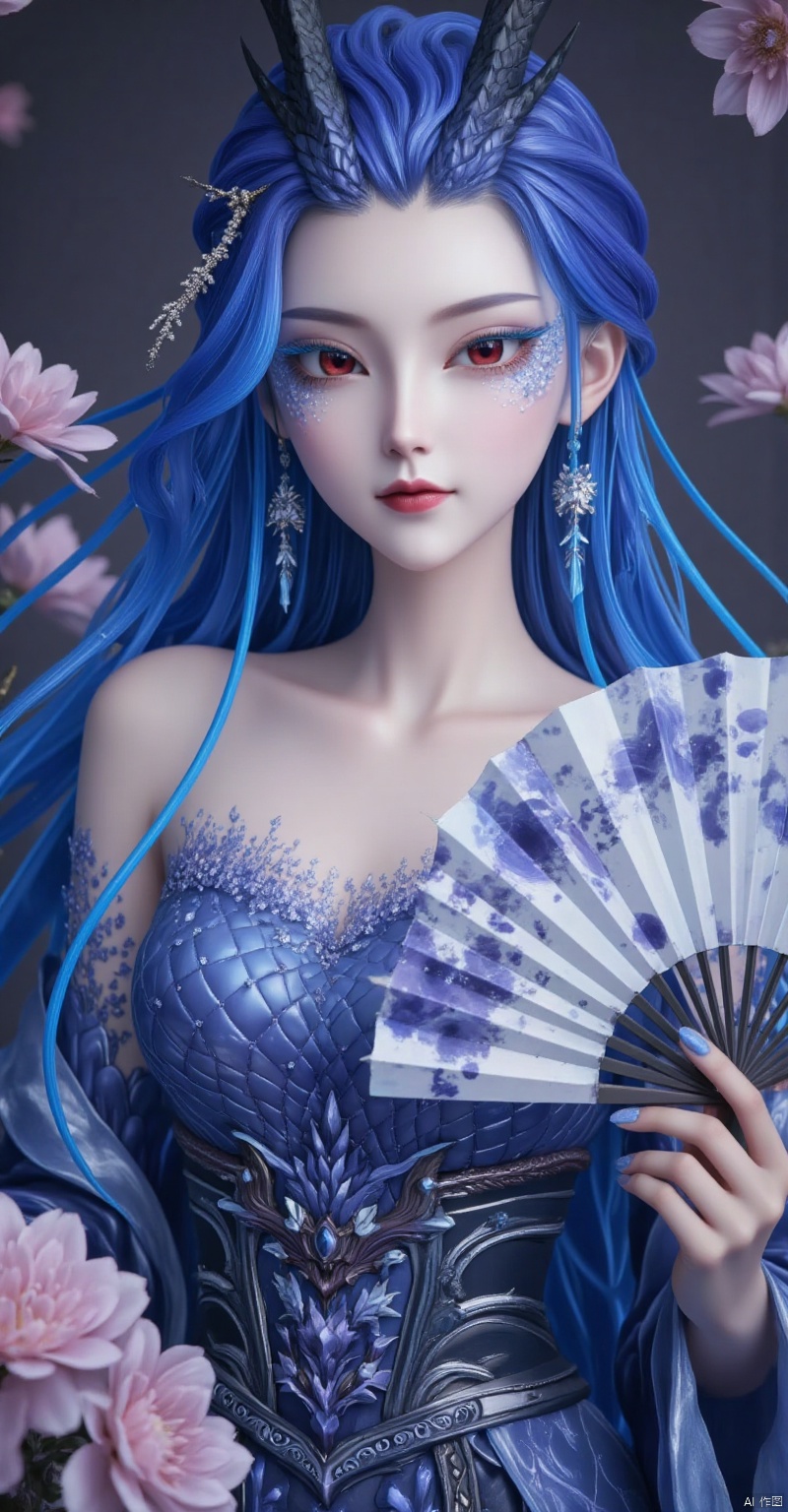 1girl,Long blue hair,Blue eye shadow,Dragon horn,Red eye,Earrings,Cleavage,looking at viewer, jewelry, closed mouth,  flower, earrings, portrait, hand fan