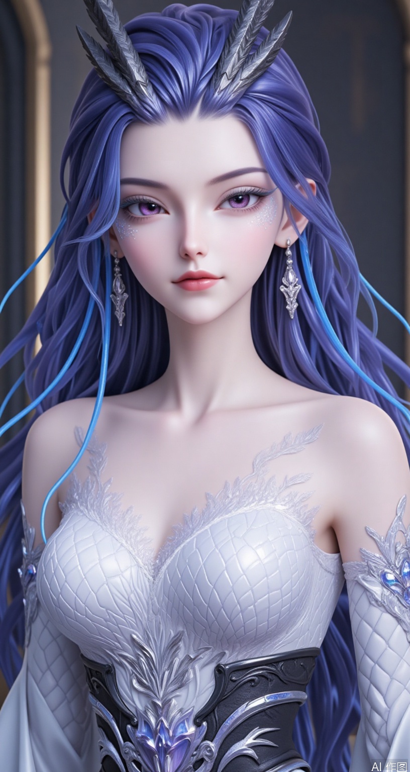 1girls,eyeshadow,hair ornament,very long hair,(,, highres, More Details,, high rating:1.1),,(Intricate and refined delicate details:1.1),,,,,,(Beautiful face,beautiful eyes:1.1)  .  1girl, solo, Breasts, medium-sized chest, purple eyes, dress, white gown, hair accessory, Clothing adorned with crystals, bodysuit, collarbone
