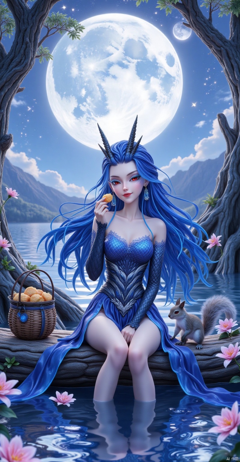 1girl,Long blue hair,Blue eye shadow,Dragon horn,Red eye,Earrings,Cleavage,looking at viewer, jewelry, closed mouth, flower, earrings, moon, no humans, food, closed eyes, night, water, sitting, solo, outdoors, leaf, tree, smile, ((sky)), night sky, full moon,closed mouth, plant, happy, squirrel, crescent moon, branch, full body, animal, basket, nature, eating, star, commission, facing viewer, scenery, watermark, soaking feet, lake, mooncake,killer,Cassia
