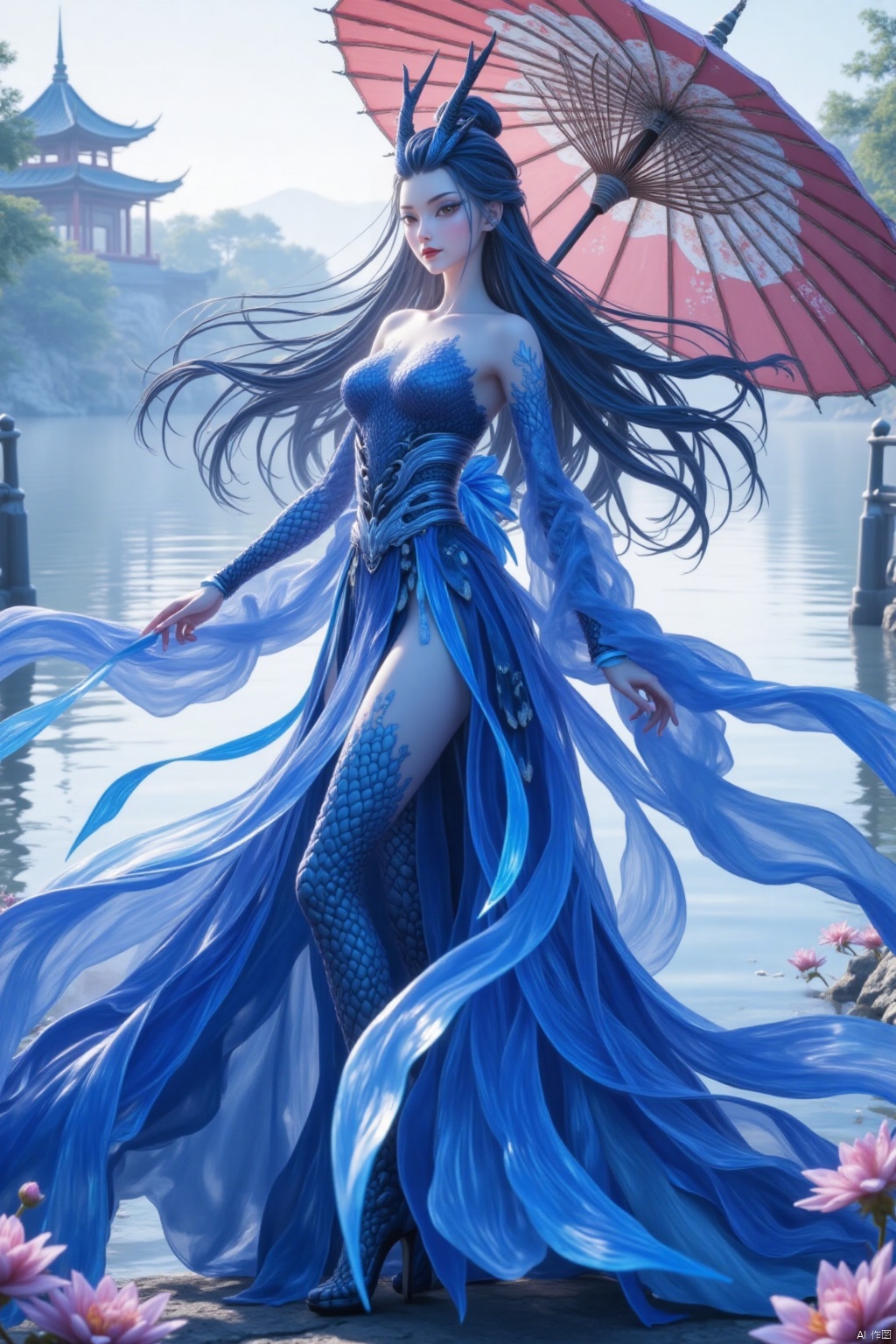 A medium angle photo captures a vibrant blue beauty with flowing black long hair adorned with horns. She was wearing a flowing blue dress adorned with a blue ribbon, adding a touch of brilliance to her clothes.

By the Broken Bridge of West Lake, Ao Run was dressed in a long ink wash dress, with dragon horns transformed into lotus stems and scales covered in dewdrops. He held an oil paper umbrella and confronted the Leifeng Pagoda.
The true form of the dragon clan appears in the reflection of the lake, and the umbrella surface is painted with the "Heavenly Court Trading Contract", with hidden killing intent beneath its gentle appearance.

Disruptive female dragon king image
-The dragon horns are as beautiful as coral, with blue scales swaying with each step. The blue lines at the ends of the eyes are condensed from the thousand year blood feud of the dragon race, combining coldness and mystery.
-Show the skill of "Splitting and Grasping" during battles, combining the dynamic tension of tearing space with dangerous aesthetics. The action design can refer to assassin type agile characters.
-Clothing design inspiration: The red armor has strong deterrence power, and the details of the battle armor refer to the Taotie pattern of bronze ware. The shoulder decoration implies a symbol of power and strategy.

Contradictory personality and power seeking temperament
-A stance that is both righteous and evil, with both contempt for the rules of the Heavenly Court and a balance of survival in the eyes, can incorporate details of holding a contract scroll or trading chips.
-Posture design: Either leaning against the jade pillar of the Dragon Palace for contemplation, or standing on the clouds to overlook sentient beings, highlighting the sense of wisdom of "overcoming strength with softness".
