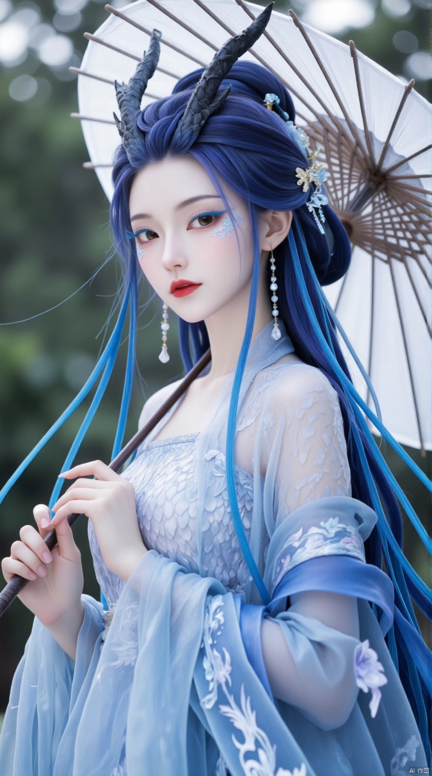 1girl,Long light blue hair,Blue eye shadow,Dragon horn,Red eye,Earrings,eyelashes,scales, umbrella, blurry background, solo, black hair, long hair, jewelry, blurry, earrings, holding umbrella, hair ornament, holding, chinese clothes, looking at viewer, upper body, red lips, oil-paper umbrella, long sleeves, hanfu, hair bun