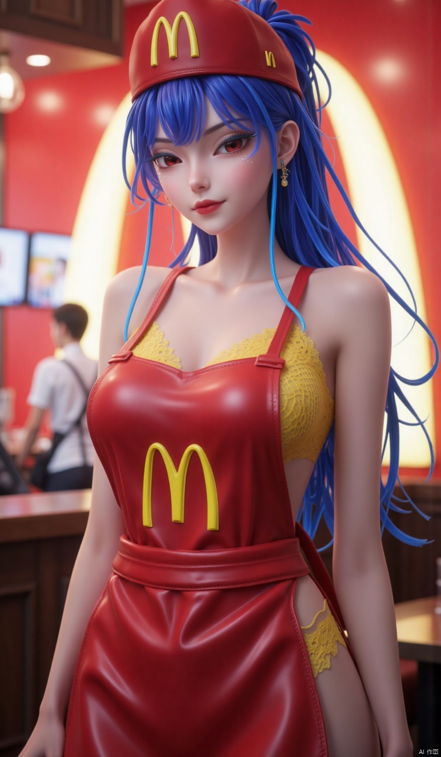 1girl,masterpiece, best quality, best details, rich details, ﻿ MomonogiKana, sexy, ((smile)), supermodel figure, watching the viewer, ((Blue hair,Red eye,, long_ponytail, bangs)), ﻿ (((In a McDonald's fast food restaurant, Big McDonald logo in the background))), (((McDonald logo apron, McDonald logo hat, Shoulder strap slipped off))), (sexy yellow|red lace mesh apron:1.4), (Slingshot Bikini:1.4),REALNIME,Sparkle Glowing,1girl