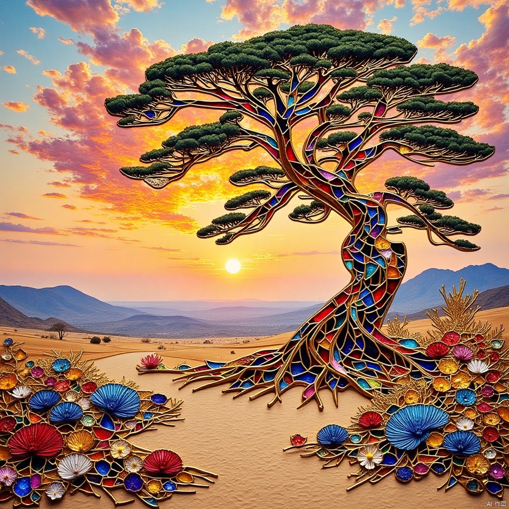 Sunset, desert, a big pine tree, Chinese feel, more white space, the sun feels like melting, Embroidery, Suzhou embroidery,Stained glass mosaic