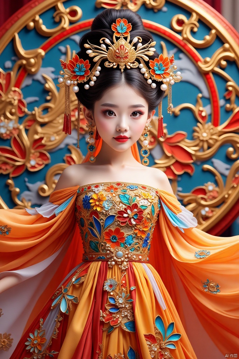 Chinese female characters wear gorgeous court gowns, bright colors, and flowing satin skirts are dotted with exquisite embroidery. . Wearing a golden pearl crown and inlaid with dazzling gems, she looks like a fairy in a fairyland. Wrapped in long hair, wrapped in bundles of pearls and golden threads, shining with the glory of the palace. Her face was dignified and dignified, and a hint of wisdom and calmness appeared in her eyes.,Dunhuang ladies,Stained glass mosaic