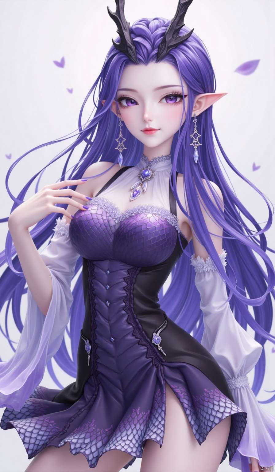1girl,Long hair,,powder eye shadow,Dragon horn,purple pupils,Earrings,fish scale,Pointed ears,looking at viewer,Medium breasts,Beautiful legs,dress,