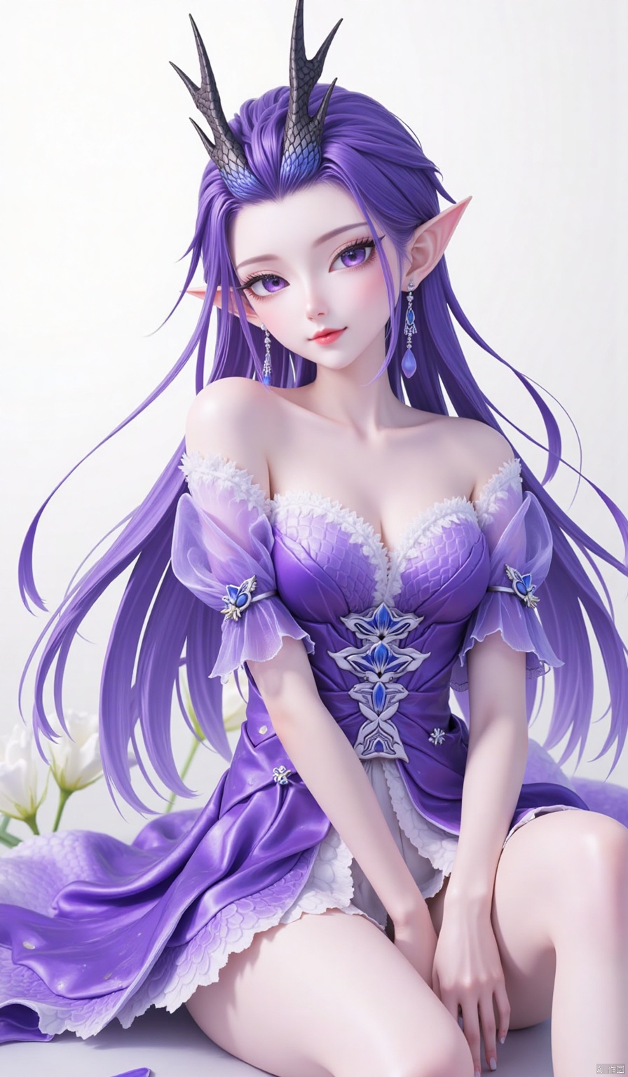 1girl,Long hair,,powder eye shadow,Dragon horn,purple pupils,Earrings,fish scale,Pointed ears,looking at viewer,Medium breasts,Beautiful legs,dress,