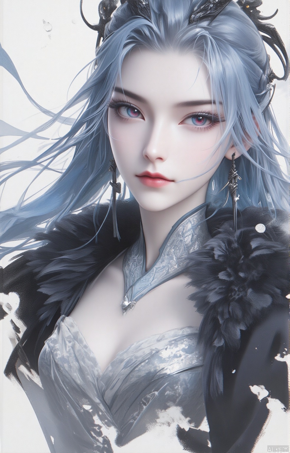 1girl,Long light blue hair,Blue eye shadow,Dragon horn,Red eye,Earrings,Cleavage,,Chinese ink painting, thick black brush strokes,elegant Shanghai woman, Luxurious fur coat,beautiful eyes, long eyelashes, rosy red lips, clean face,clean white background,soft, minimalist,high definition, (Ink style,jianjue