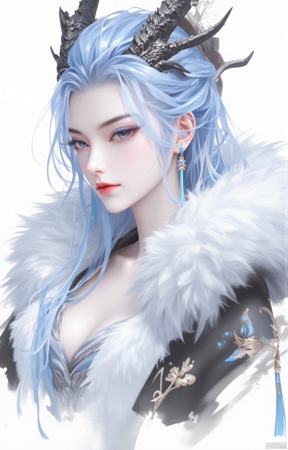 1girl,Long light blue hair,Blue eye shadow,Dragon horn,Red eye,Earrings,Cleavage,,Chinese ink painting, thick black brush strokes,elegant Shanghai woman, Luxurious fur coat,beautiful eyes, long eyelashes, rosy red lips, clean face,clean white background,soft, minimalist,high definition, (Ink style,jianjue