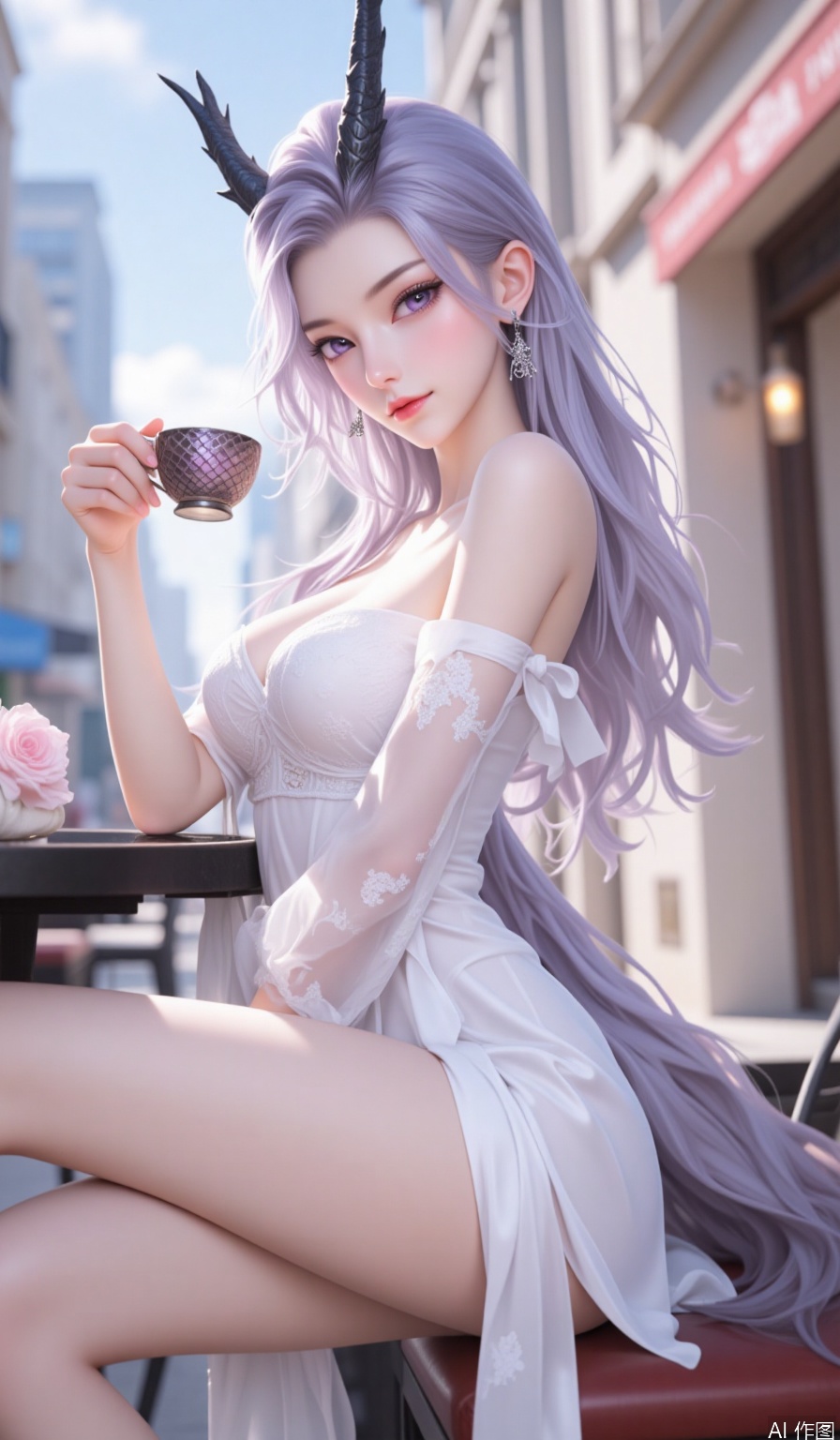 Realism,1girl,Long hair,,powder eye shadow,Dragon horn,purple pupils,Earrings,fish scale,Pointed ears,looking at viewer,Medium breasts,Beautiful legs,dress,from below,holding a delicate teacup in her hand, pretty,looking away,Confident and lively,white dress,crossed legs,sitting,cafe,building,city,Romantic