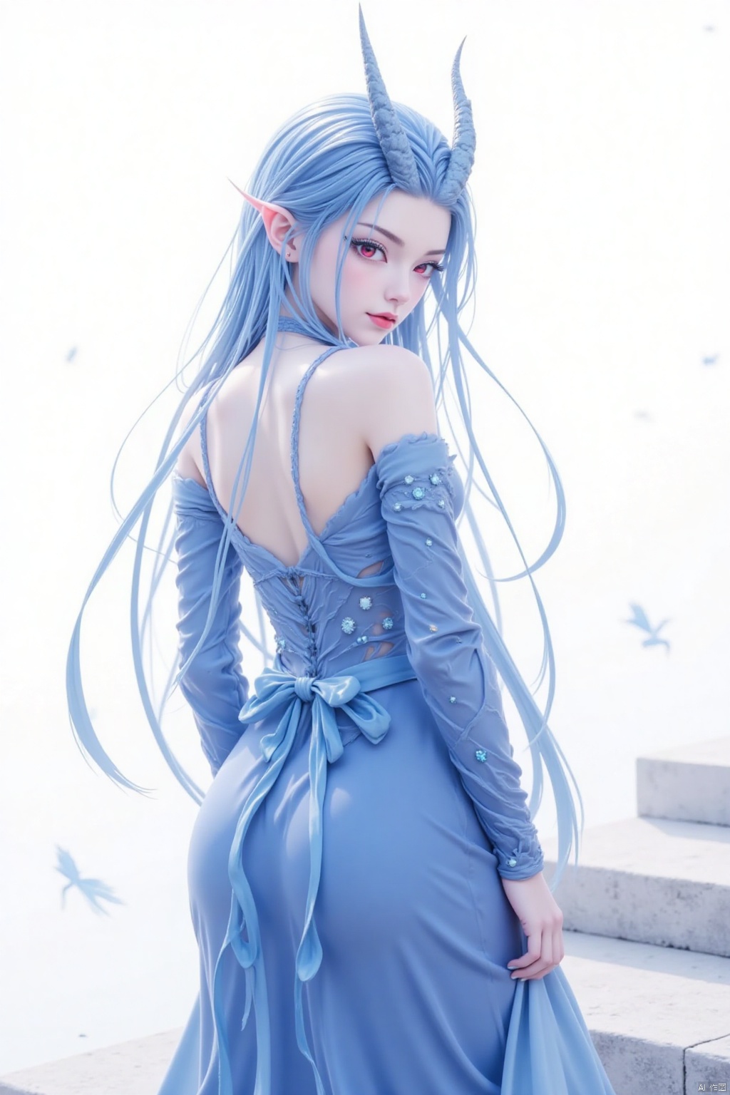 1girl, solo, long hair, looking at viewer, red eyes, white background, dress, bare shoulders, blue hair, standing, detached sleeves, horns, pointy ears, looking back, from behind, makeup, blue dress, stairs