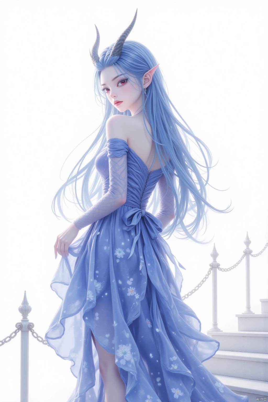 1girl, solo, long hair, looking at viewer, red eyes, white background, dress, bare shoulders, blue hair, standing, full body, detached sleeves, horns, pointy ears, looking back, from behind, makeup, blue dress, stairs