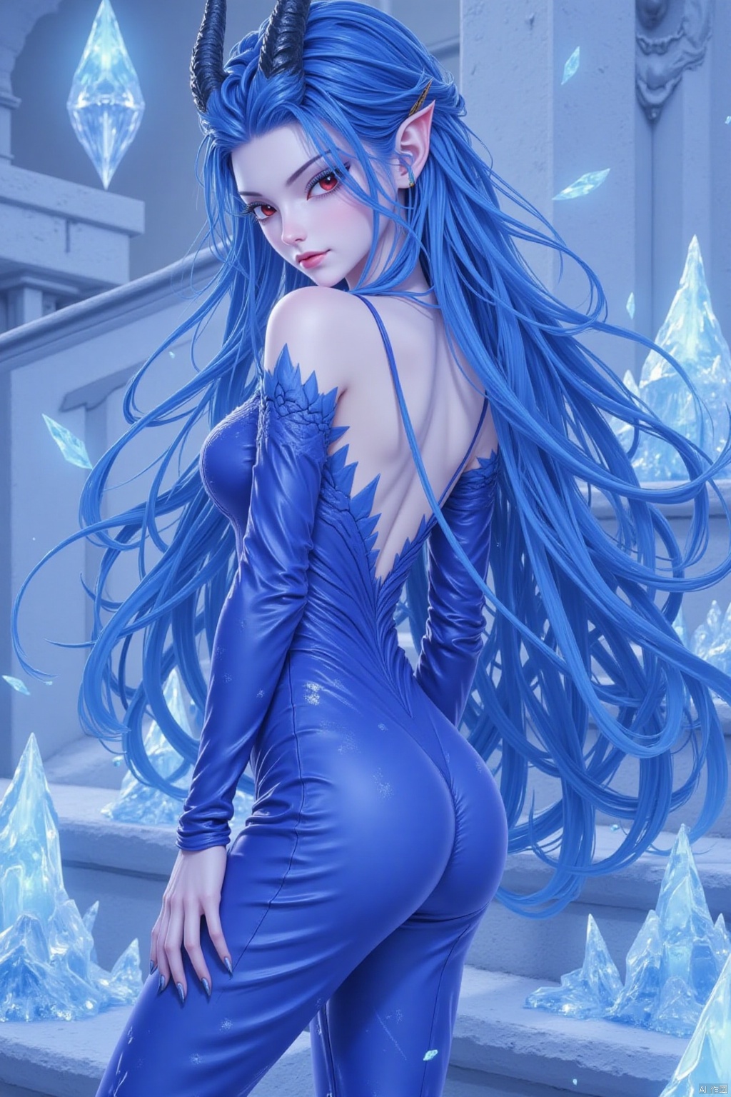 1girl, solo, long hair, breasts, looking at viewer, red eyes, dress, bare shoulders, blue hair, standing, horns, pointy ears, hand up, blue dress, monster girl, claws, ice, stairs