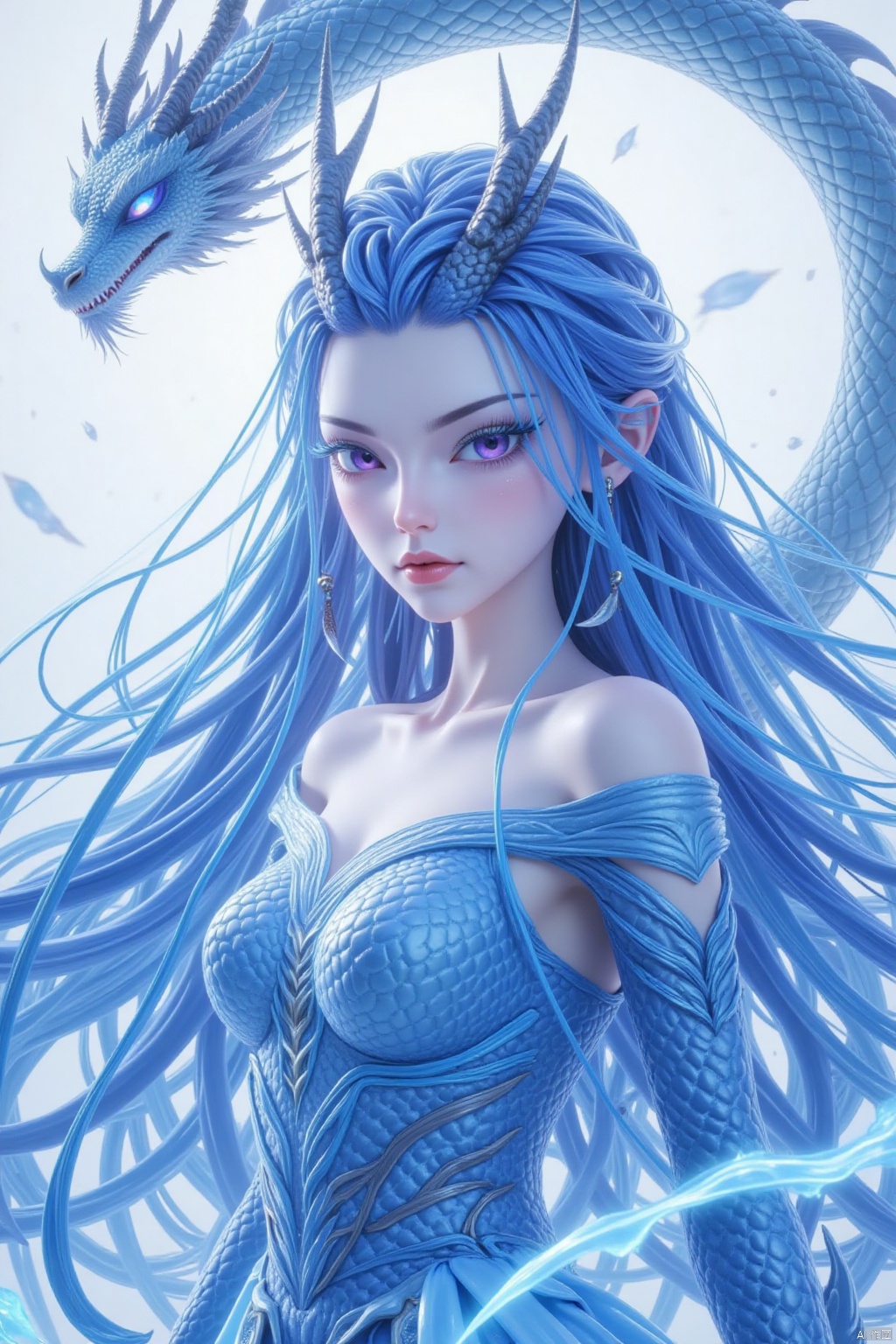 1 girl,solo,full body,Blue eye,Blue hair,long hair,Gaze down,One's mouth turns upward,Exaggerated nail length,Blue with colored nails,Confident look,Blue-purple eyeshadow,dragon scales,Off-the-shoulder dress,A dragon hovered overhead,
render,technology, (best quality) (masterpiece), (highly in detailed), 4K,Official art, unit 8 k wallpaper, ultra detailed, masterpiece, best quality, extremely detailed,CG,Ink painting style,