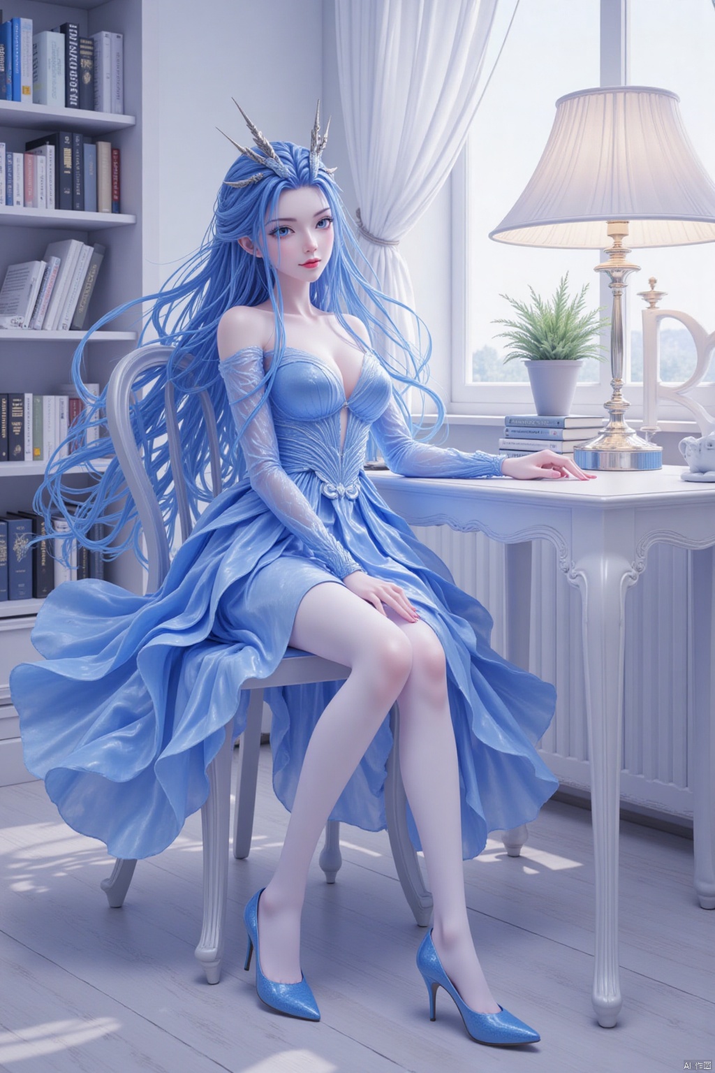 1girl, solo, long hair, breasts, looking at viewer, blue eyes, skirt, hair ornament, long sleeves, dress, jewelry, sitting, blue hair, full body, pantyhose, indoors, high heels, book, blue dress, chair, table, white pantyhose, blue footwear, lamp,ar1,风格滤镜