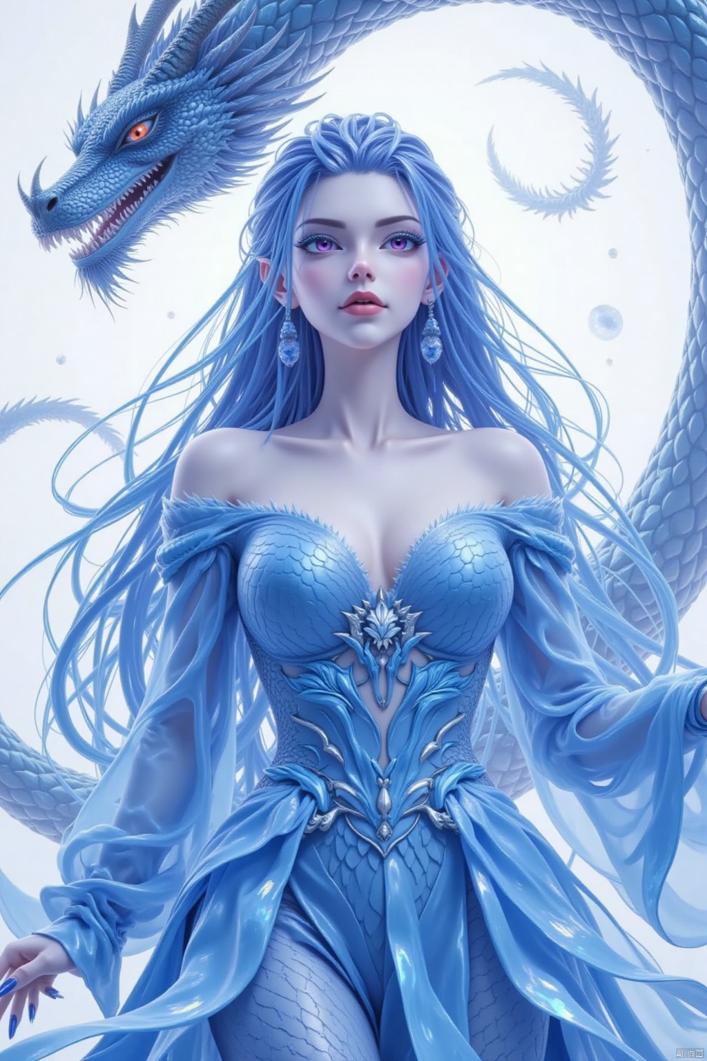 1 girl,solo,full body,Blue eye,Blue hair,long hair,Gaze down,One's mouth turns upward,Exaggerated nail length,Blue with colored nails,Confident look,Blue-purple eyeshadow,dragon scales,Off-the-shoulder dress,A dragon hovered overhead,
render,technology, (best quality) (masterpiece), (highly in detailed), 4K,Official art, unit 8 k wallpaper, ultra detailed, masterpiece, best quality, extremely detailed,CG,Ink painting style,
