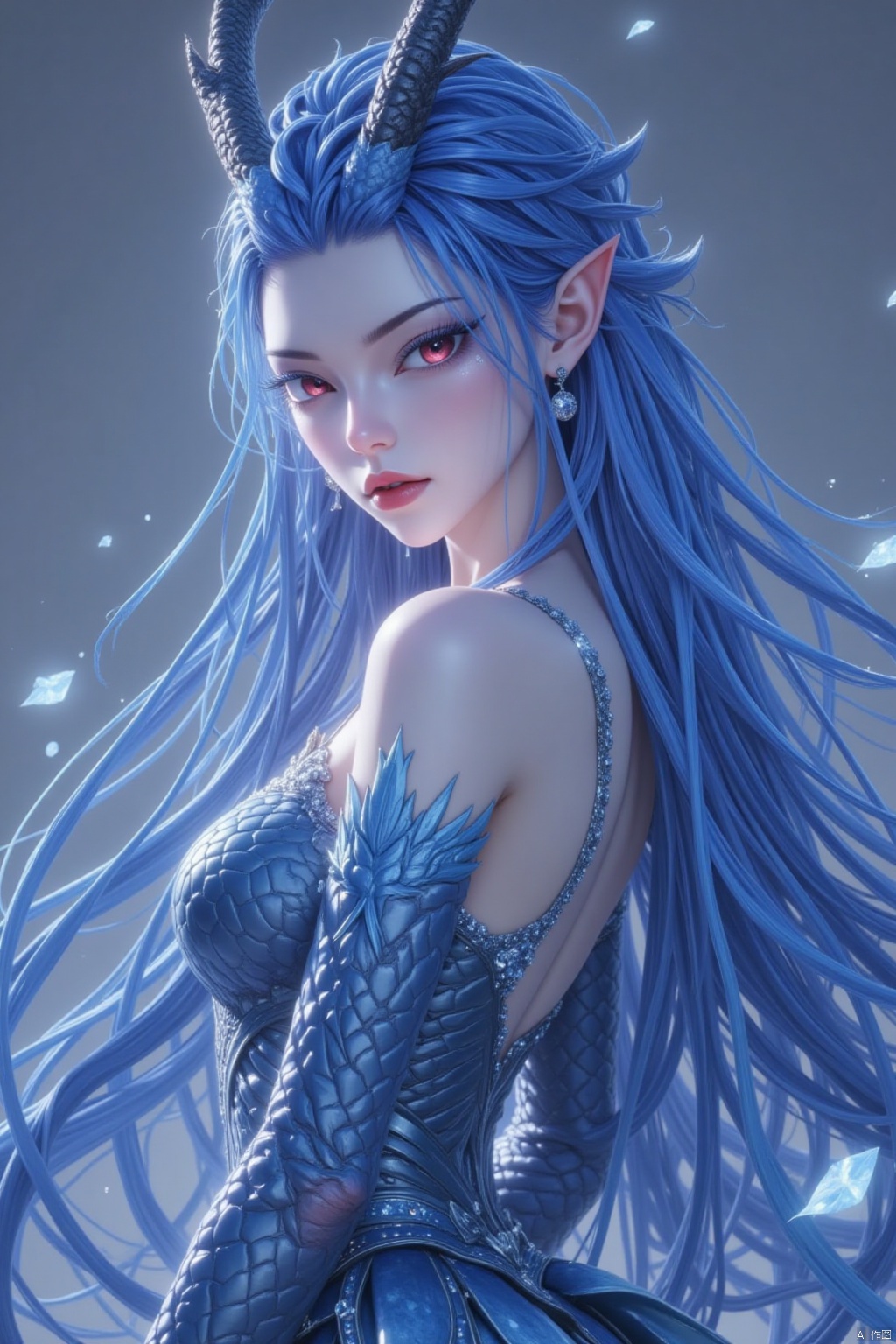 ar1,A stunning dragon girl poses solo, her long blue hair cascading down her back as she gazes directly at the viewer with piercing red eyes. Her dress is a tantalizing reveal of bare shoulders and medium-sized breasts adorned with sparkling jewelry, including earrings that seem to match the fiery hue of her horns. From a side angle, her pointy ears and eyelashes are accentuated by a subtle lighting scheme, while her closed mouth adds an air of mystery to her expression. Her dragon-inspired attire features scales and a backless design, showcasing her impressive tail as it curls out from behind her.