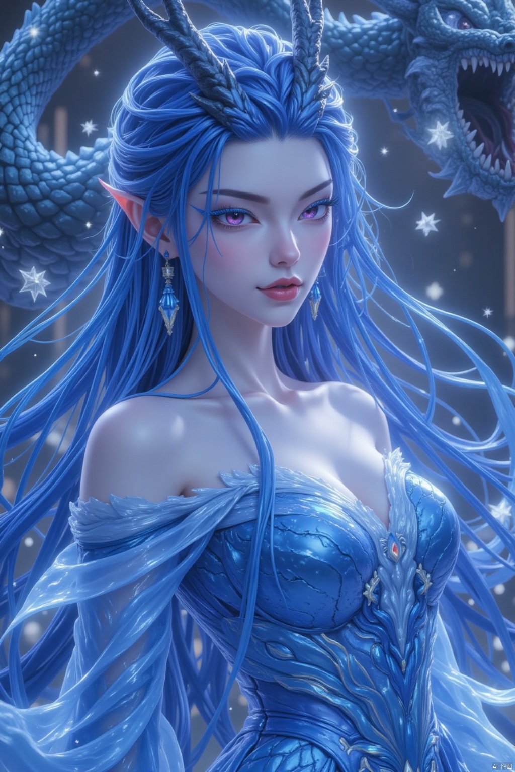 A majestic girl stands solo, her full body radiating confidence. Her piercing blue eyes gaze down, as one corner of her mouth turns upward in a sly smile. Exaggerated nail length on her blue-painted fingers adds to her regal aura. A flowing mane of long blue hair cascades down her back like a river of night. The dragon hovering above her is the perfect accompaniment to her bold look, its scales glinting in the light. She wears an off-the-shoulder dress that seems to shimmer with an ink painting style's depth and richness. In this 4K masterpiece, every detail shines, from the intricate design of the dress to the textures on the dragon's scales. Her blue-purple eyeshadow adds a pop of color, as if infused with magic. This is a true work of art, fit for a unit 8k wallpaper.
