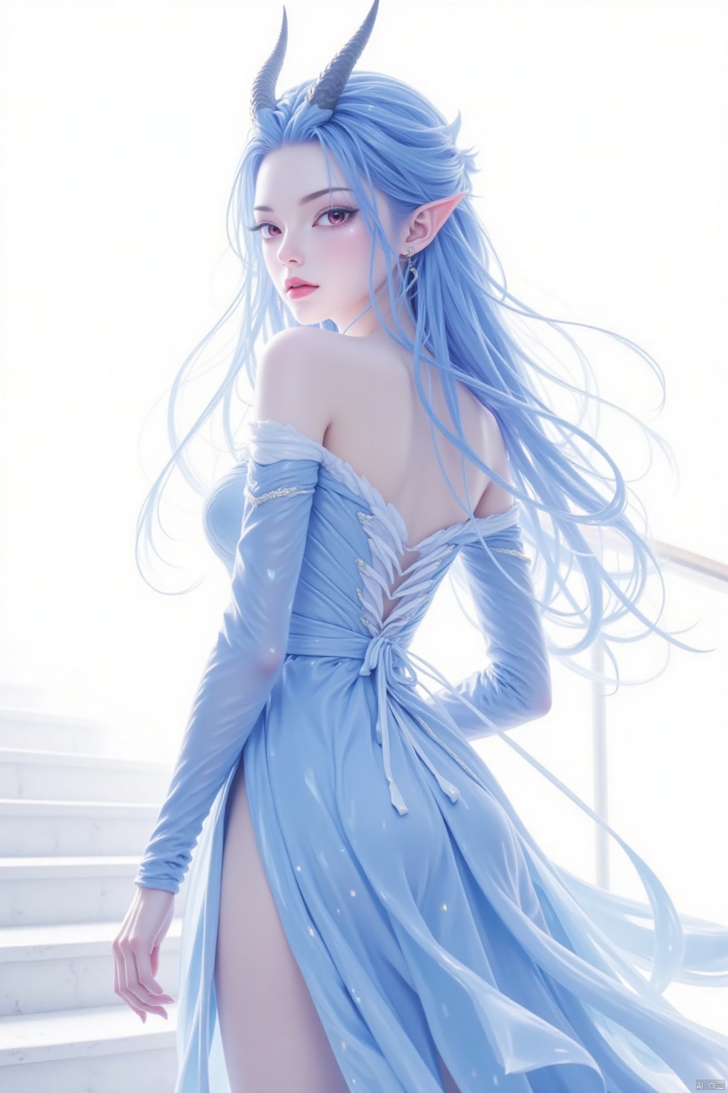 1girl, solo, long hair, looking at viewer, red eyes, white background, dress, bare shoulders, blue hair, standing, detached sleeves, horns, pointy ears, looking back, from behind, makeup, blue dress, stairs
