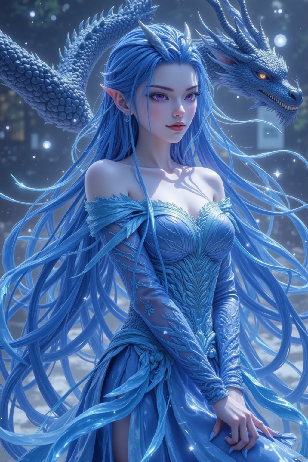 A majestic girl stands solo, her full body radiating confidence. Her piercing blue eyes gaze down, as one corner of her mouth turns upward in a sly smile. Exaggerated nail length on her blue-painted fingers adds to her regal aura. A flowing mane of long blue hair cascades down her back like a river of night. The dragon hovering above her is the perfect accompaniment to her bold look, its scales glinting in the light. She wears an off-the-shoulder dress that seems to shimmer with an ink painting style's depth and richness. In this 4K masterpiece, every detail shines, from the intricate design of the dress to the textures on the dragon's scales. Her blue-purple eyeshadow adds a pop of color, as if infused with magic. This is a true work of art, fit for a unit 8k wallpaper.
