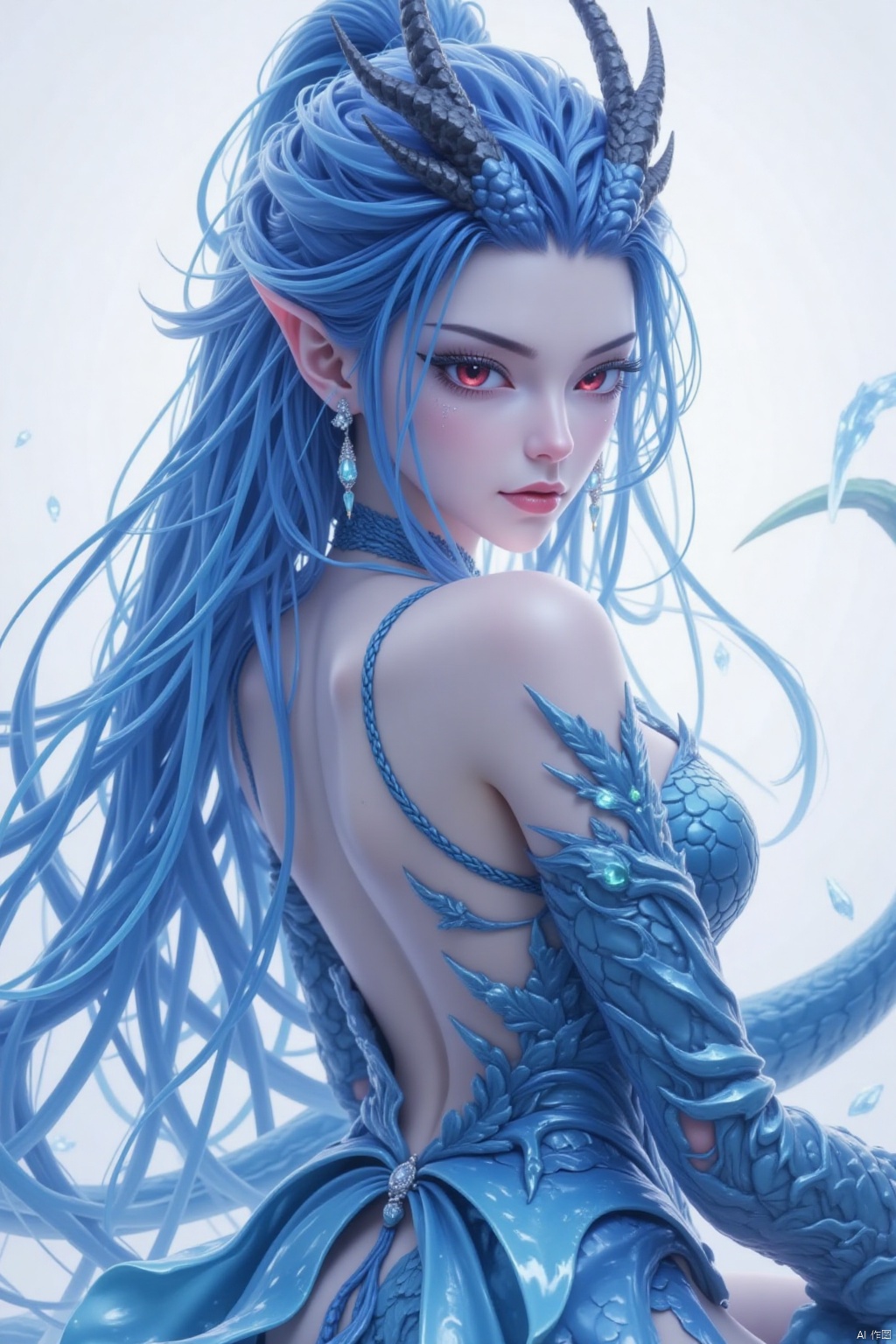 ar1,A stunning dragon girl poses solo, her long blue hair cascading down her back as she gazes directly at the viewer with piercing red eyes. Her dress is a tantalizing reveal of bare shoulders and medium-sized breasts adorned with sparkling jewelry, including earrings that seem to match the fiery hue of her horns. From a side angle, her pointy ears and eyelashes are accentuated by a subtle lighting scheme, while her closed mouth adds an air of mystery to her expression. Her dragon-inspired attire features scales and a backless design, showcasing her impressive tail as it curls out from behind her.