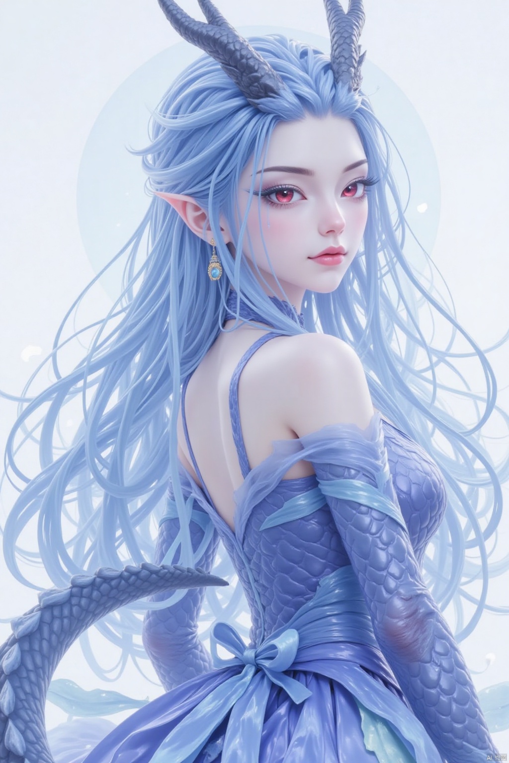 1girl, solo, long hair, breasts, looking at viewer, red eyes, dress, bare shoulders, jewelry, medium breasts, closed mouth, blue hair, tail, upper body, earrings, horns, pointy ears, from side, eyelashes, makeup, dragon horns, dragon girl, backless outfit, scales