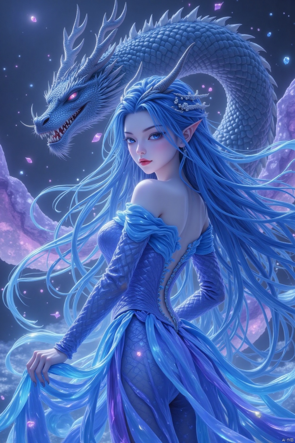 Here is the generated prompt:

A solo girl stands confidently with a full-body shot, her piercing blue eyes gazing down as her lips curve upward in a subtle smile. Her long blue hair flows behind her like a river of night, adorned with exaggerated nail polish in shimmering hues. The off-the-shoulder dress clings to her curves, its color shifting from blue to purple in the light. A majestic dragon hovers above her, its scales glinting like jewels as it surveys the scene. Rendered in stunning 4K resolution, this masterpiece of a digital artwork is an ultra-detailed feast for the eyes, with every brushstroke and texture painstakingly crafted by masterful CG artists using an ink painting style that defies reality.