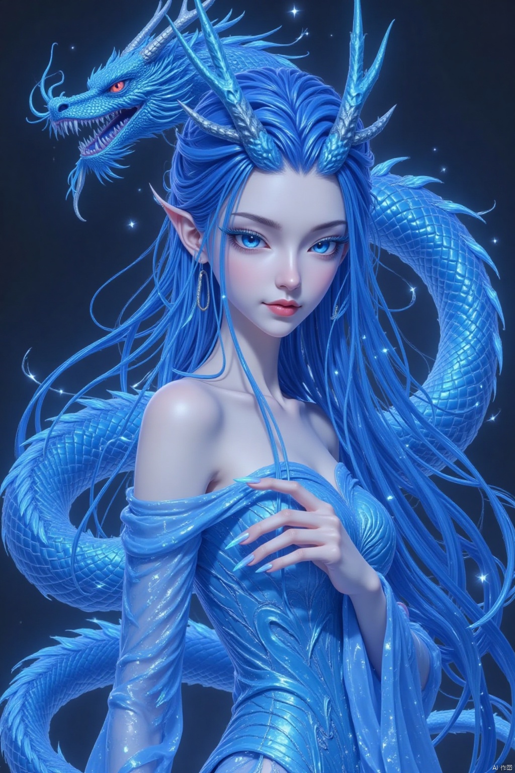 Against a dark blue background, a confident young girl with piercing blue eyes and vibrant blue hair stands solo, her long locks flowing down her back. Her gaze is cast downward, her mouth curved upward in a subtle smile. Exaggerated nails on her fingertips gleam with an electric blue hue that matches the color of her hair. A majestic dragon hovers above her, its scales shimmering with a mesmerizing iridescence. The girl wears an off-the-shoulder dress with intricate details, rendered in stunning 4K resolution. In this masterpiece, every brushstroke seems to pulse with life, as if the ink painting style has been infused with digital magic. Perfect for a high-resolution wallpaper, this artwork exudes a sense of wonder and enchantment.
