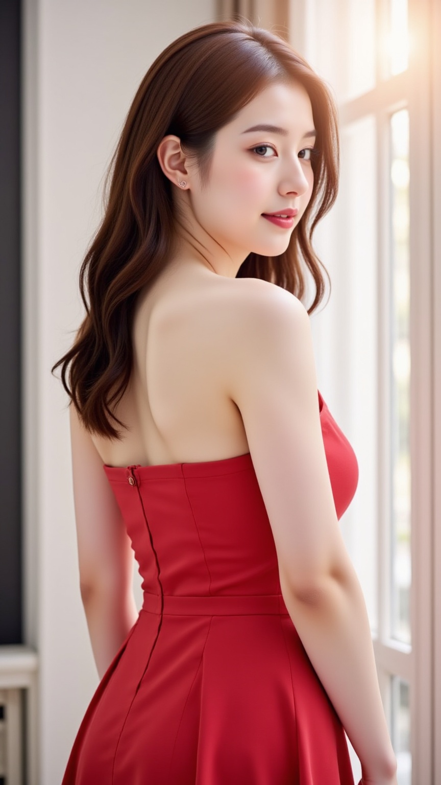 Create a vibrant image of a young Asian woman with bright pink lips and a faint smile,  wearing a tube-neck A-line dress....