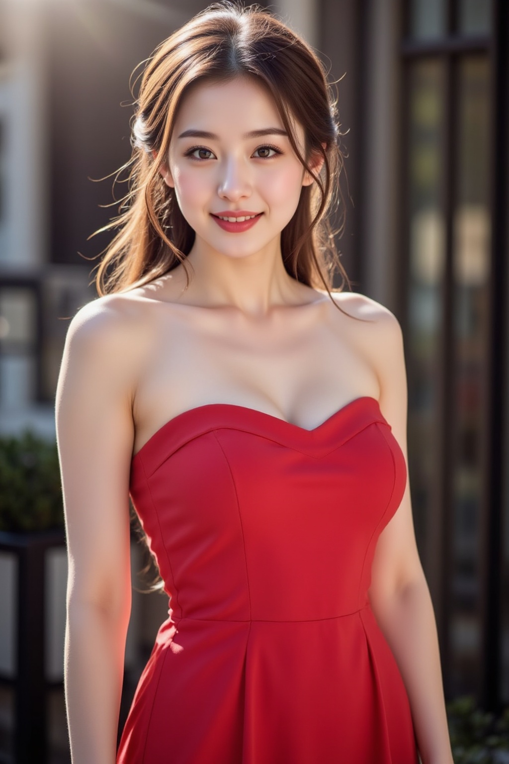 Create a vibrant image of a young Asian woman with bright pink lips and a faint smile,  wearing a tube-neck A-line dress....