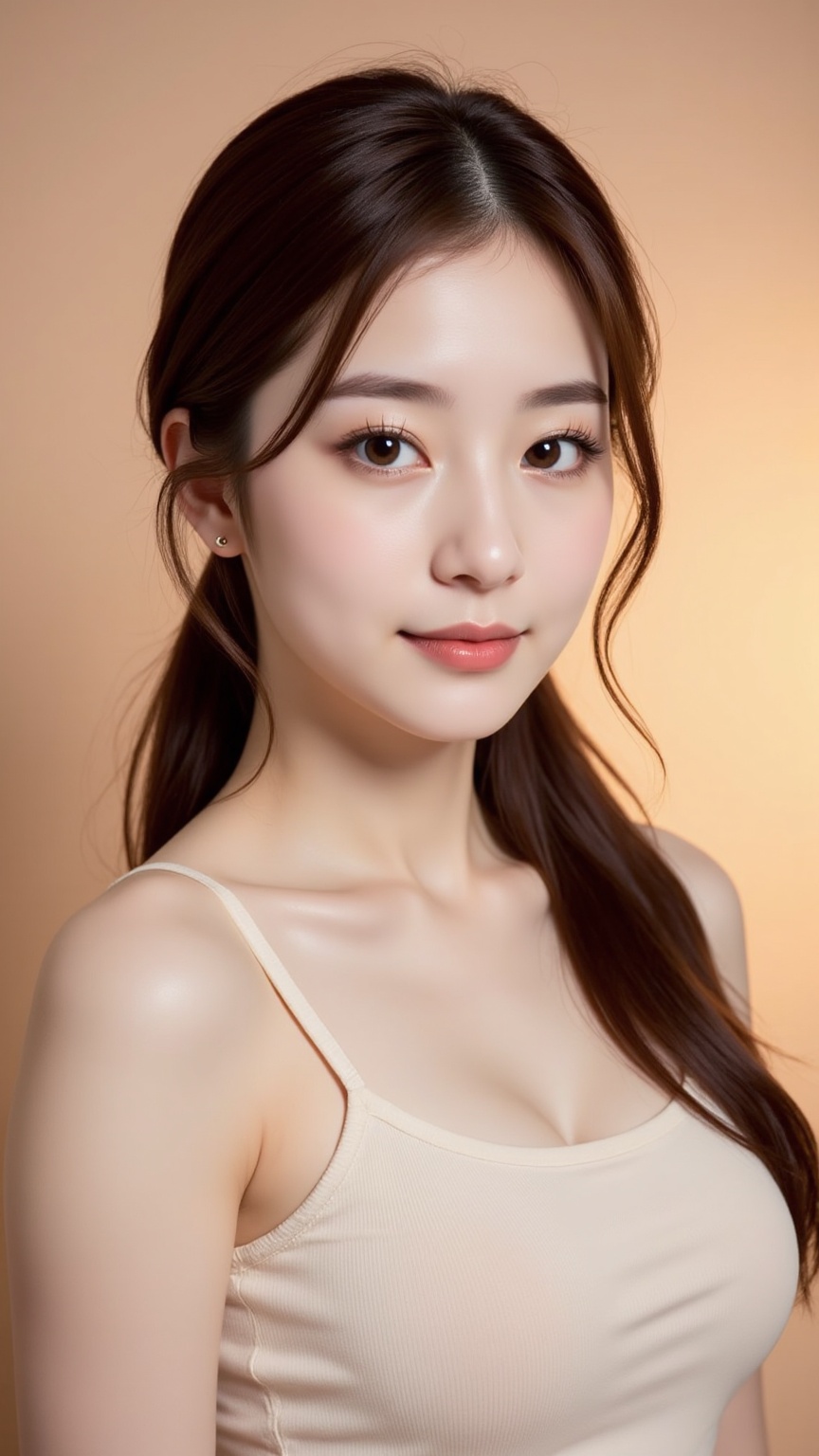 Photorealistic close-up portrait of a young Asian woman,  long silky straight brown hair,  double eyelids on Tensor.Art