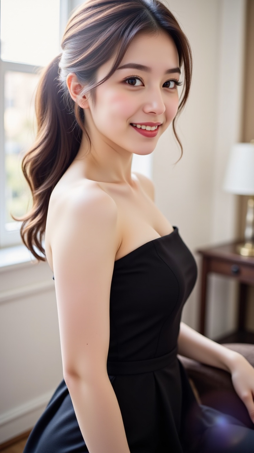 Create a vibrant image of a young Asian woman with bright pink lips and a faint smile,  wearing a tube-neck A-line dress....