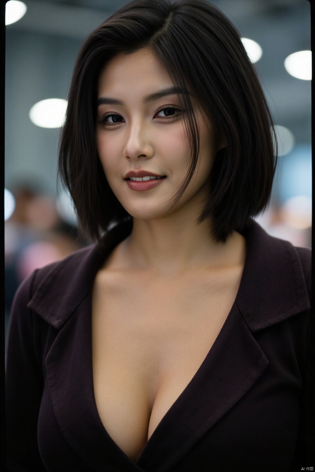 The soft light box illuminated the perfect face and BLACK hair of the subject, and as she confidently displayed her muscular upper body, her eyes were fixed on the audience. She had a sexy smile on her lips, highlighting her chest and perfect cleavage under her low cut sweatshirt. This 35mm film captures this moment with astonishing details.
