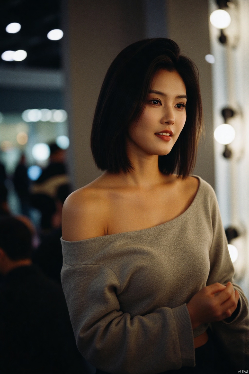 The soft light box illuminated the perfect face and BLACK hair of the subject, and as she confidently displayed her muscular upper body, her eyes were fixed on the audience. She had a sexy smile on her lips, highlighting her chest and perfect cleavage under her low cut sweatshirt. This 35mm film captures this moment with astonishing details.
