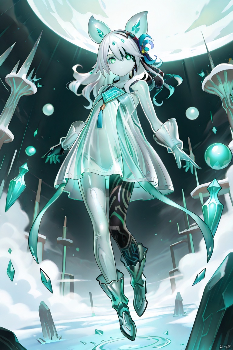 masterpiece, best quality, high quality, Icejade Acti \(ygo\), 1girl, solo, long hair, looking at viewer, hair ornament, green eyes, full body, white hair, colored skin, floating, see-through dress, 