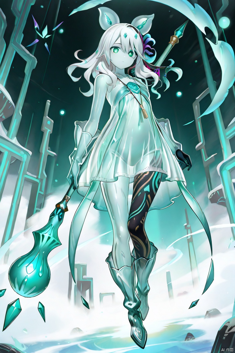 masterpiece, best quality, high quality, Icejade Acti \(ygo\), 1girl, solo, long hair, looking at viewer, hair ornament, green eyes, full body, white hair, colored skin, floating, see-through dress, necklace, holding staff,