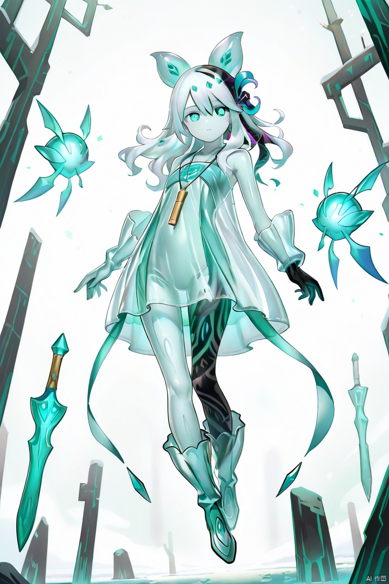 masterpiece, best quality, high quality, Icejade Acti \(ygo\), 1girl, solo, long hair, looking at viewer, hair ornament, green eyes, full body, white hair, colored skin, floating, see-through dress, necklace,