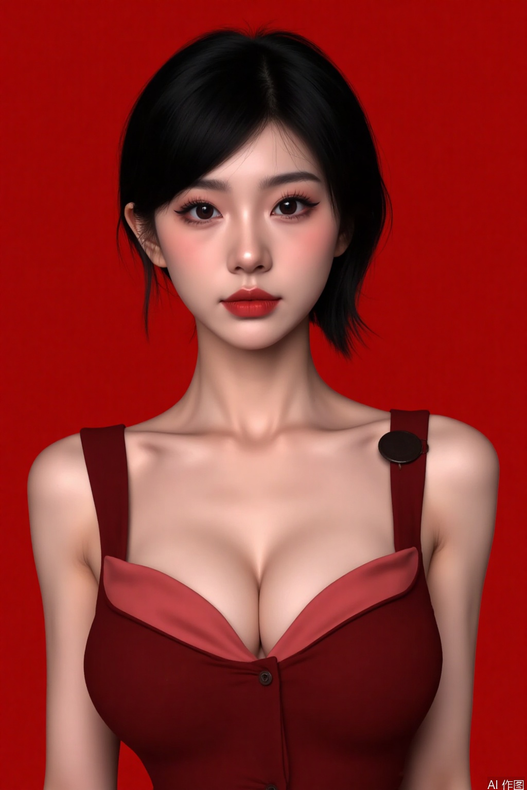 This is a woman with an Eastern face,This woman has short black hair, red lips, shoulderless suspenders, cleavage, big breasts,real person, red background