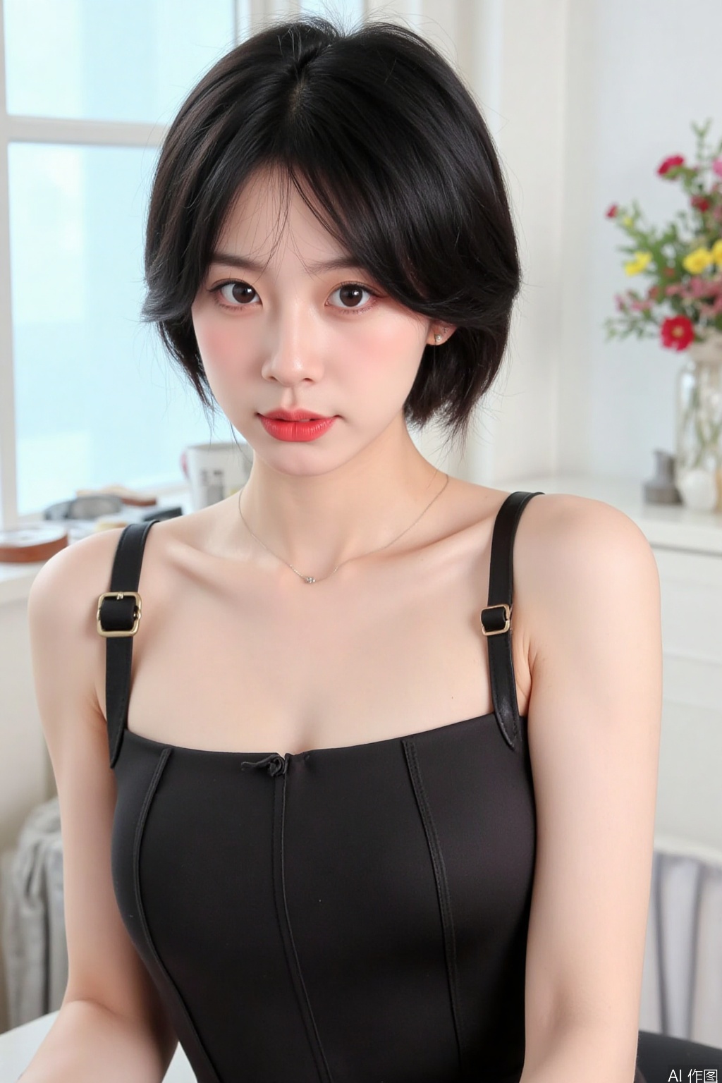 This is a woman with an Eastern face,This woman has short black hair, red lips, shoulderless suspenders, cleavage, big breasts,real person