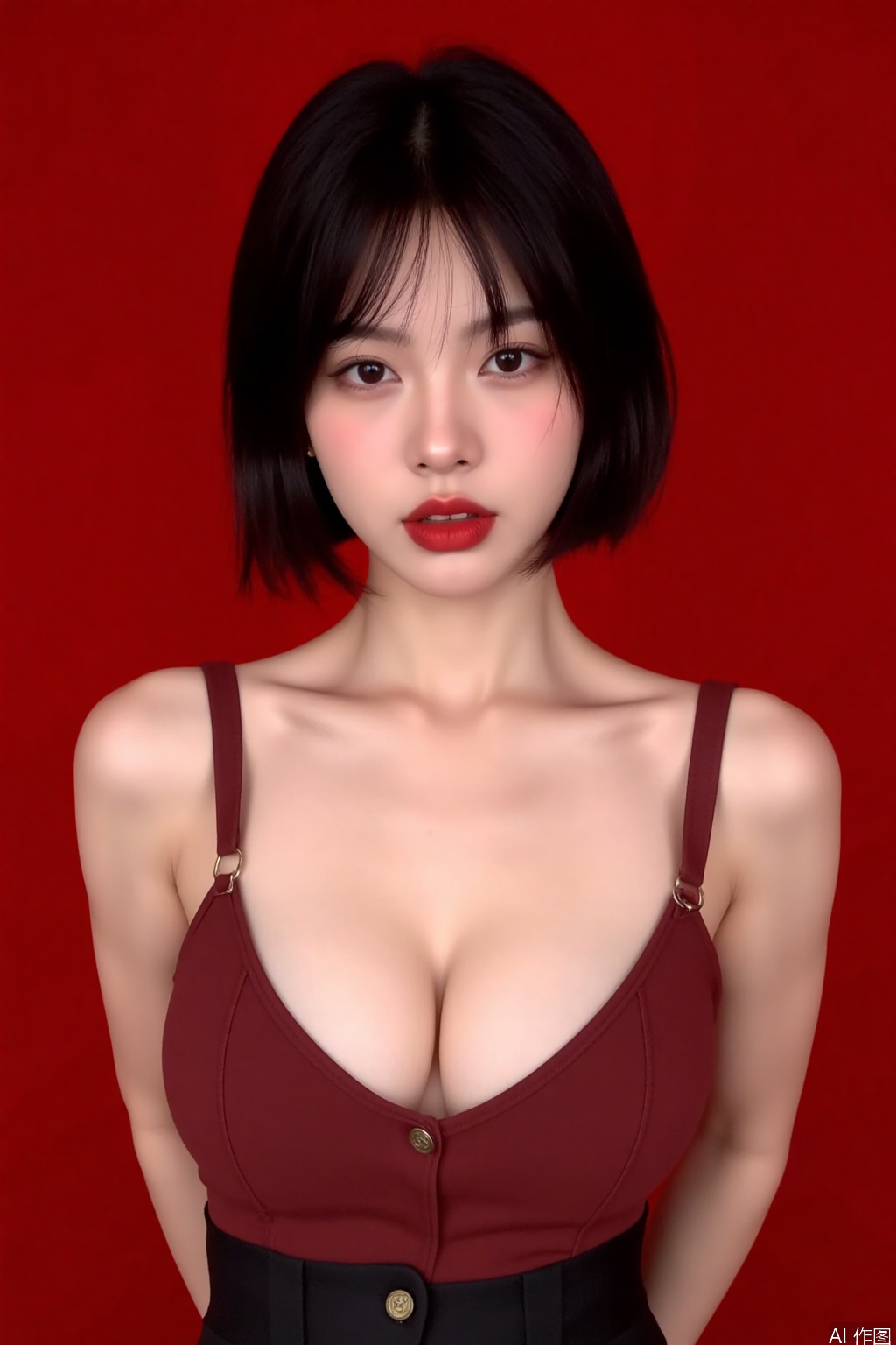 This is a woman with an Eastern face,This woman has short black hair, red lips, shoulderless suspenders, cleavage, big breasts,real person, red background