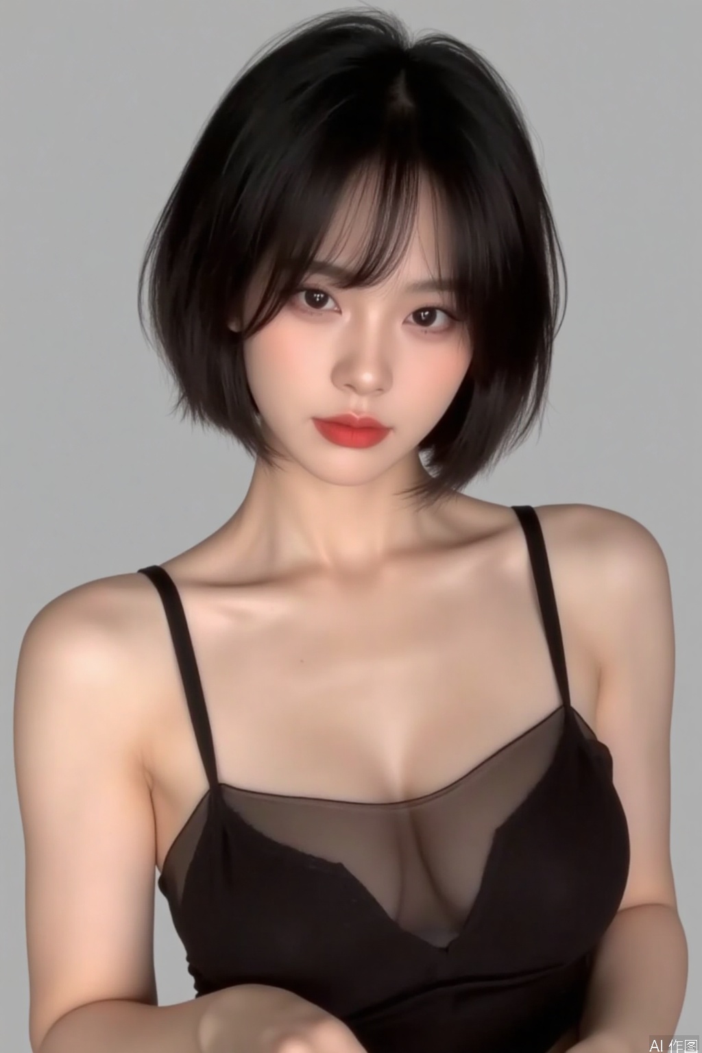 This is a woman with an Eastern face,This woman has short black hair, red lips, shoulderless suspenders, cleavage, big breasts,real person