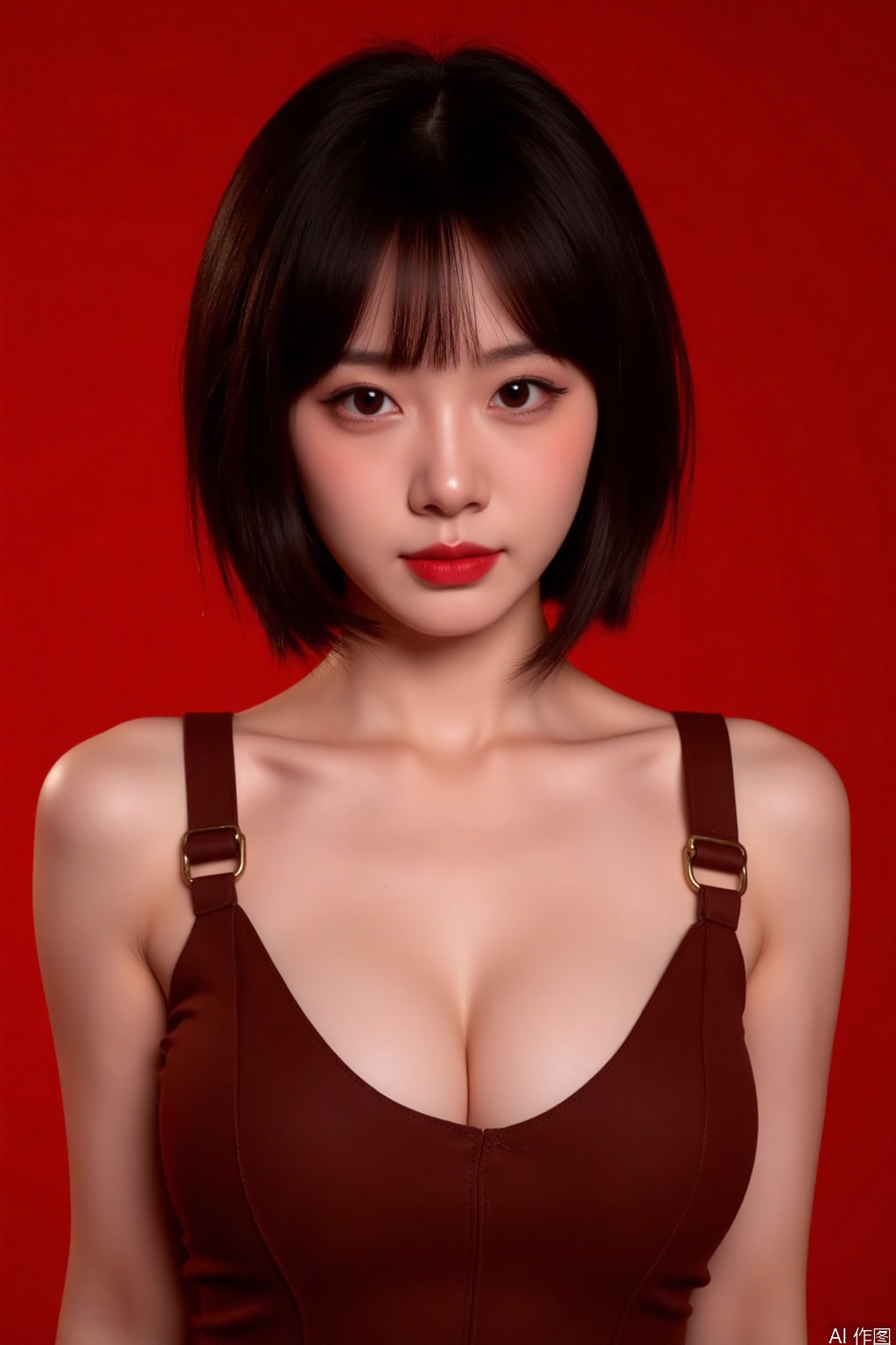 This is a woman with an Eastern face,This woman has short black hair, red lips, shoulderless suspenders, cleavage, big breasts,real person, red background