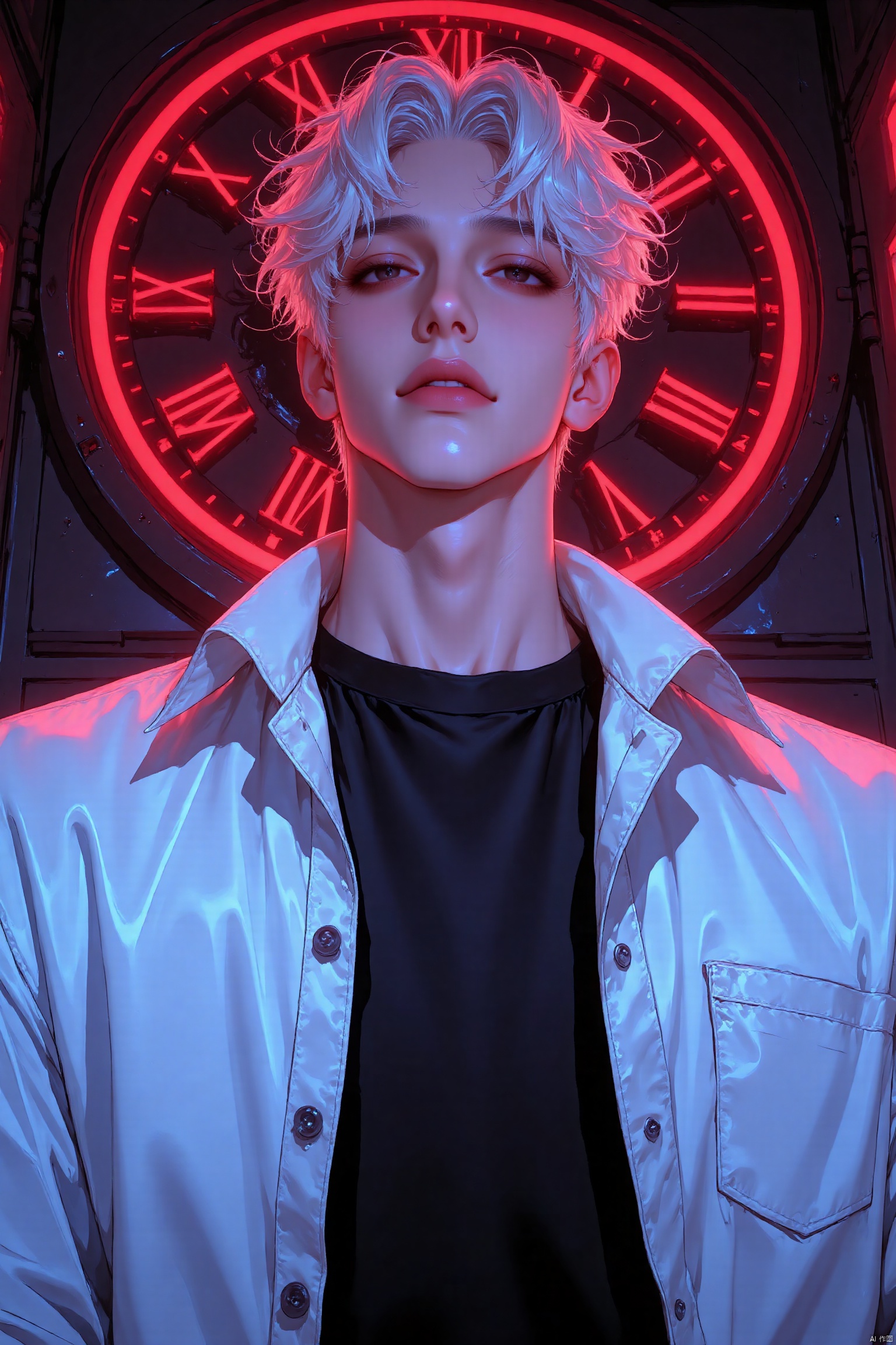 Detailed hair, detailed eyes, immersive background, absurdres, masterpiece, best quality, high resolution, 4k, perfect illustration, detailed art style, looking at viewer, 1boy, lu_guang,white hair,black eyes,white shirt,open clothes,collared shirt,black shirt, from_below, dramatic lighting, neon lighting, clock