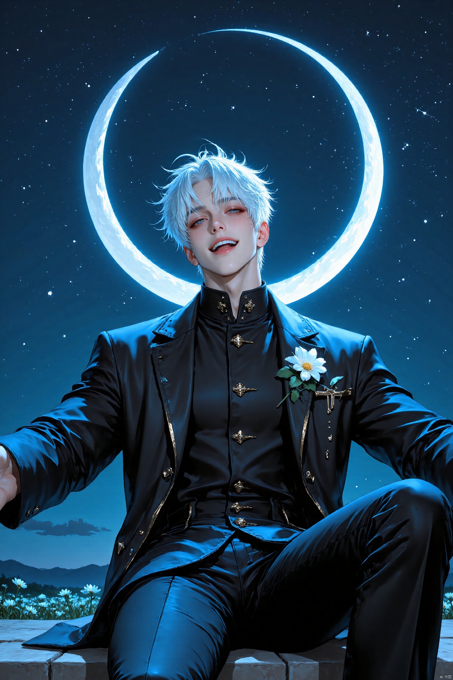 (artist:mazjojo:0.63), (artist:pigeon666:0.83), (artist:ZawarC:0.74), 1boy, gojou_satoru, solo, male_focus, black_pants, smile, open_mouth, pants, white_hair, flower, short_hair, jacket, long_sleeves, facing_viewer, black_jacket, outstretched_arms, sky, outdoors, night, crescent_moon, moon, sitting, star_(sky), :d, high_collar, sparkle, starry_sky, spread_arms, night_sky, very awa, masterpiece, best quality, year 2024, newest, highres, absurdres, detailed eyes,danmei, very_high_resolution