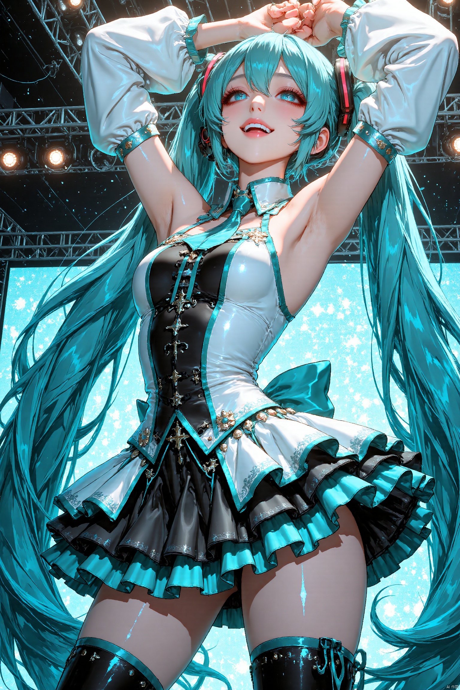 1girl, long hair, breasts, looking at viewer, smile, open mouth, bangs, multiple girls, skirt, thighhighs, bare shoulders, twintails, medium breasts, very long hair, :d, thighs, cowboy shot, detached sleeves, shiny, armpits, arms up, aqua eyes, aqua hair, headset, idol, stage, stage lights, concert, hatsune miku
