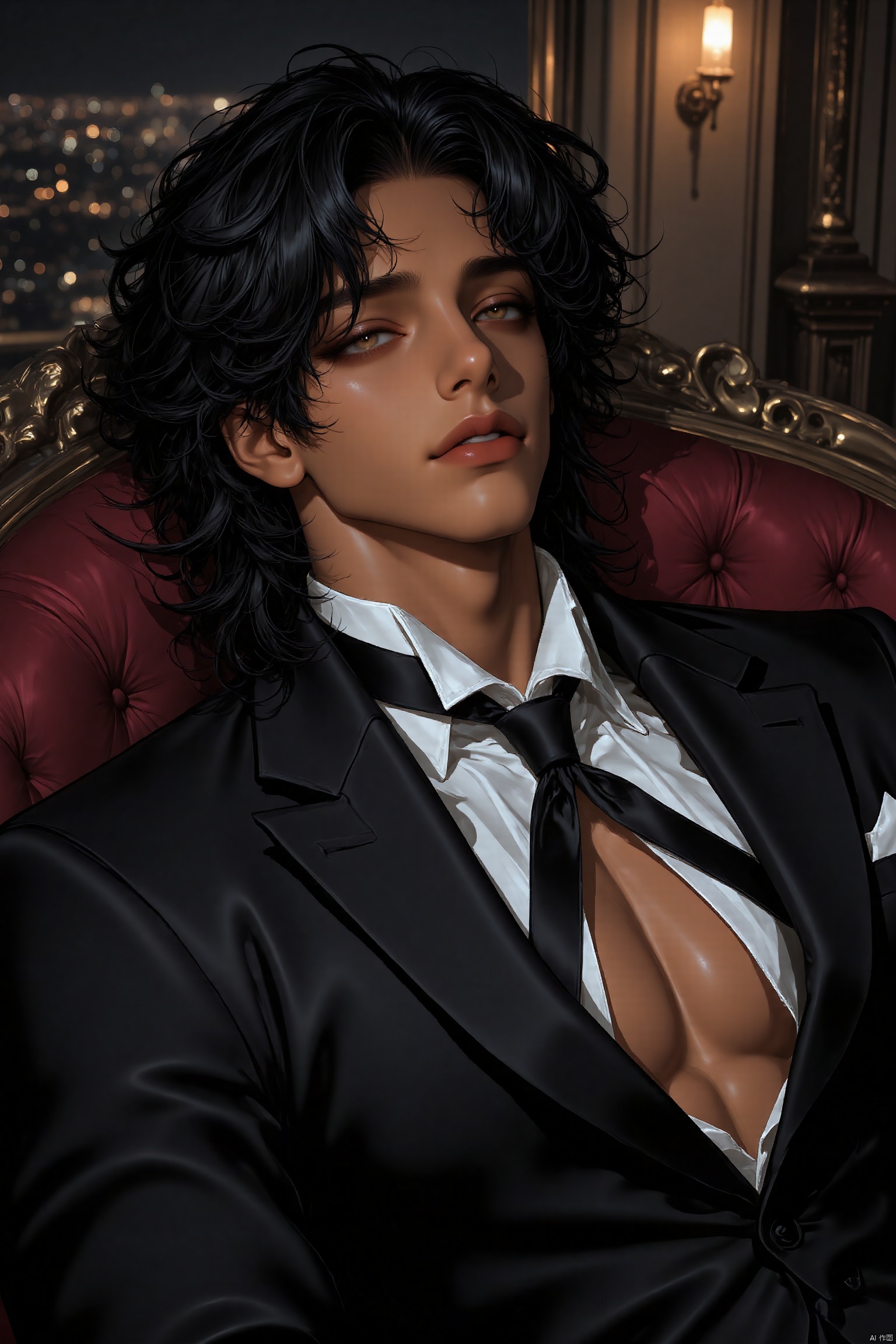 black hair, fluffy hair, solo male, brown eyes, black skin, african american, muscular, handsome, attractive, prince, moonlight, young, 4k, HD, perfect eyes, more detail XL , masterpiece,best quality,amazing quality,very aesthetic,high resolution,ultra-detailed, newest, dark apartment background, depth of field, volumetric lighting, pretty, hairy chest, volume hair, princly attire, sexy, college aged, gala background, laying back, looking at viewer, mouth closed, hair tied back