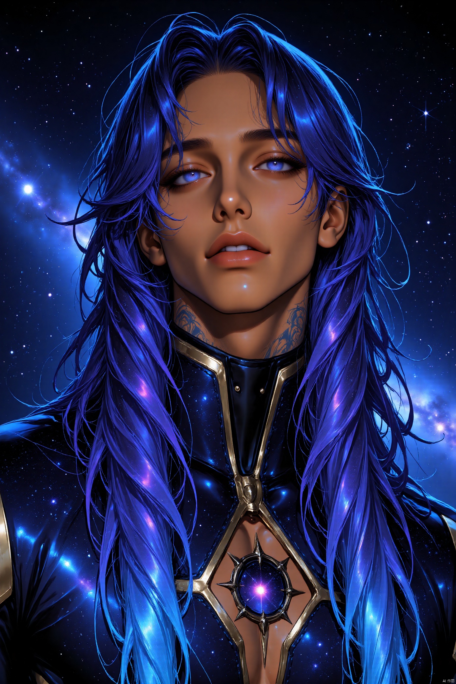 ((score_9_up, score_8_up, score_7_up)), 1boy,(male focus, boy, solo), galaxy irises, very long_galaxy_hair ((detailed eyes:1.1)), best quality, high resolution, 4k, perfect illustration, Beautiful eyes,(masterpiece, best quality, absurdres, highres), amazing quality, very aesthetic, brown_skin, dark_skin_male, Eyes,vibrant colors,dark skin,galaxy tattoos, tight_galaxy_clothing, detailed_space_background, galaxy man, reflection_galaxy, skin_galaxy, dark_atmosphere, semi_realistic galaxy